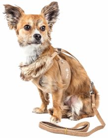 Pet Life Luxe 'Furracious' 2-In-1 Mesh Reversed Adjustable Dog Harness-Leash W/ Removable Fur Collar (Color: Khaki, size: small)